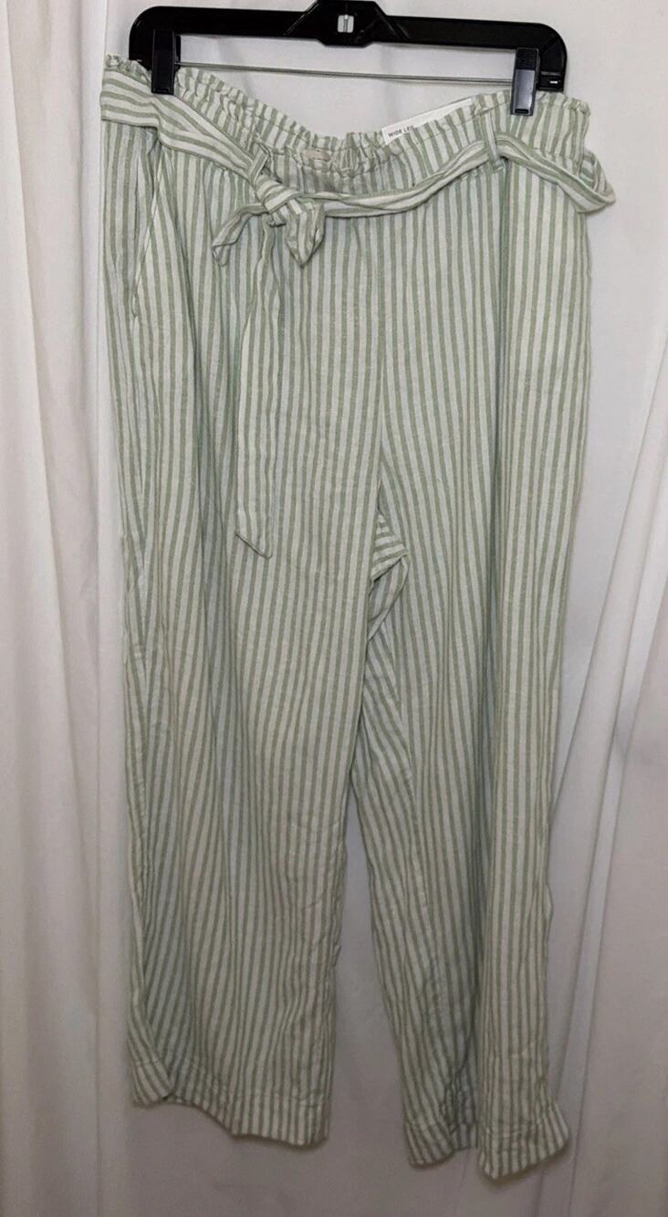 Loft Pants Women's Size Large Green White Stripes Wide Leg Casual